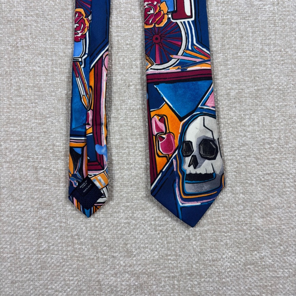 Cremieux Mens Silk Tie Blue Art Teacher Painting Skull Italy Artist Necktie - Picture 2 of 4
